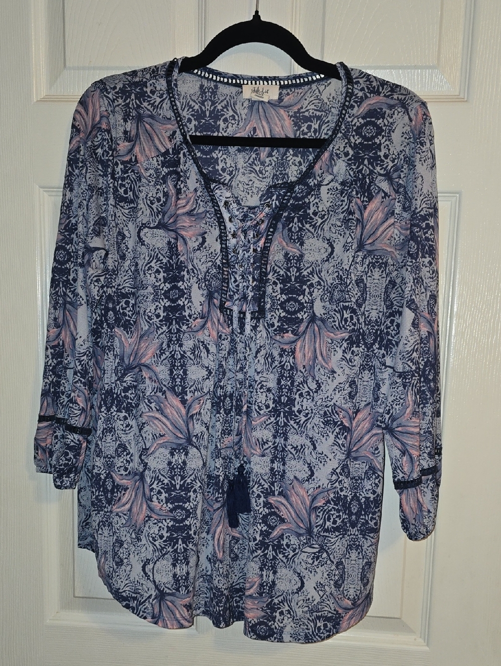 Style & Co. Navy and Light Pink Floral V-Neck Tunic with Tassel Ties